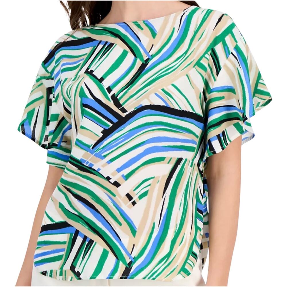 Anne Klein Women’s Printed Flutter Sleeve Top Blue & Green Size PS
